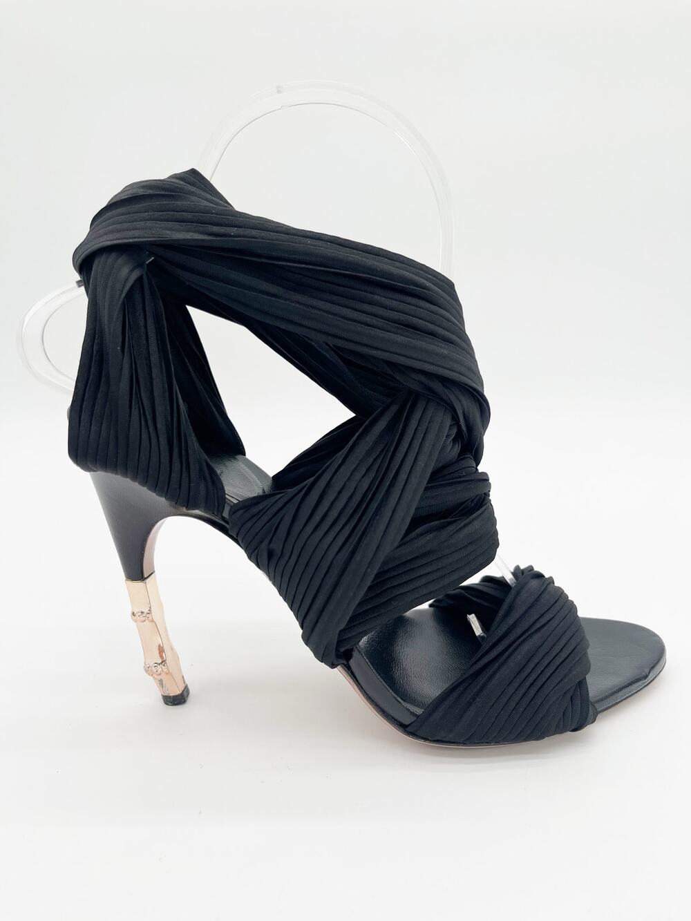 Gucci 2004 Runway Tom Ford Black Jersey Wrap Bamboo Heel Sandal Heels EU 36